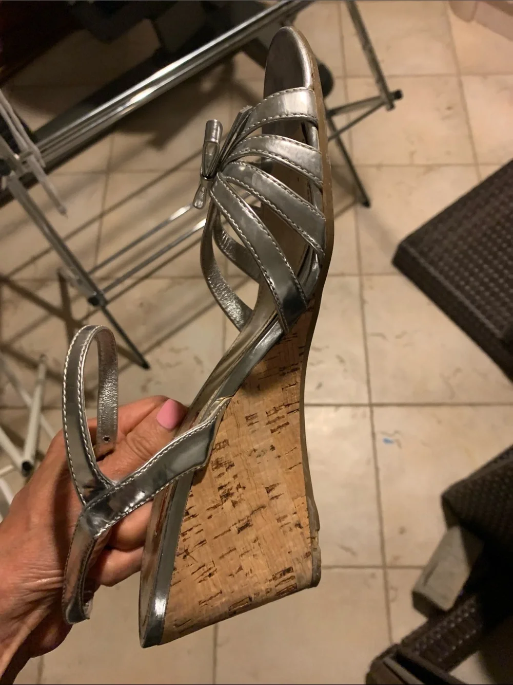 Prada Silver patten leatherDonna Bow cork wedge sandals
